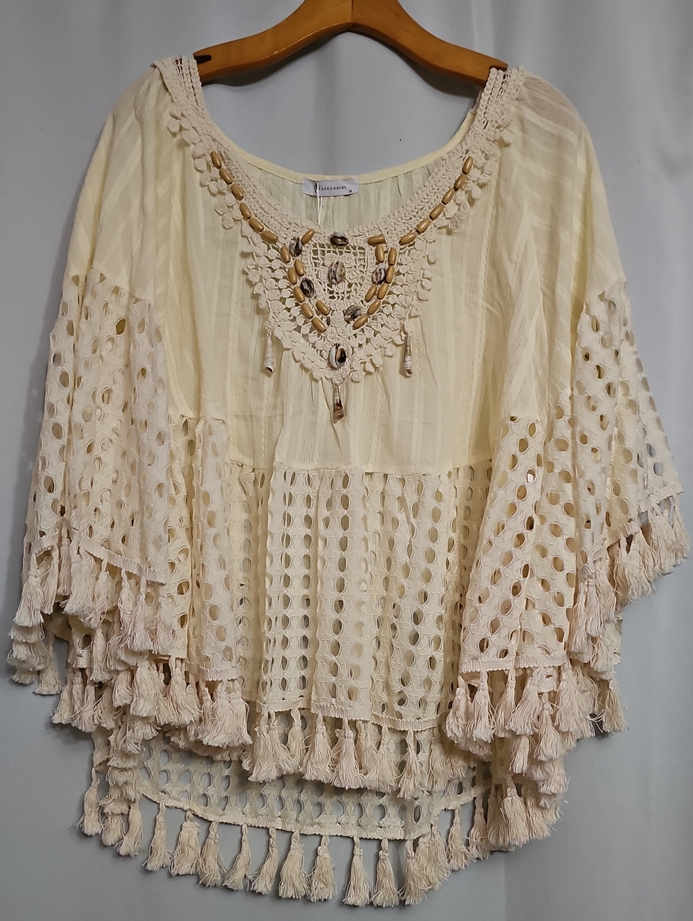 Bohemian Boho-chic Embroidered Top Tassle Crochet Size Medium Pale Yellow New